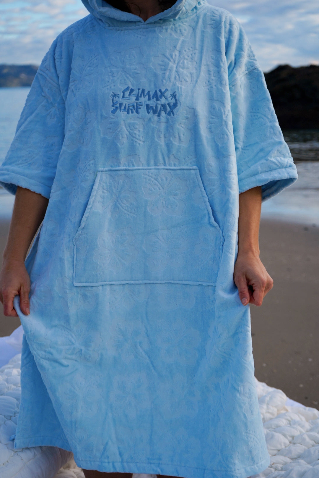 Powder blue Hibiscus hoodie towel